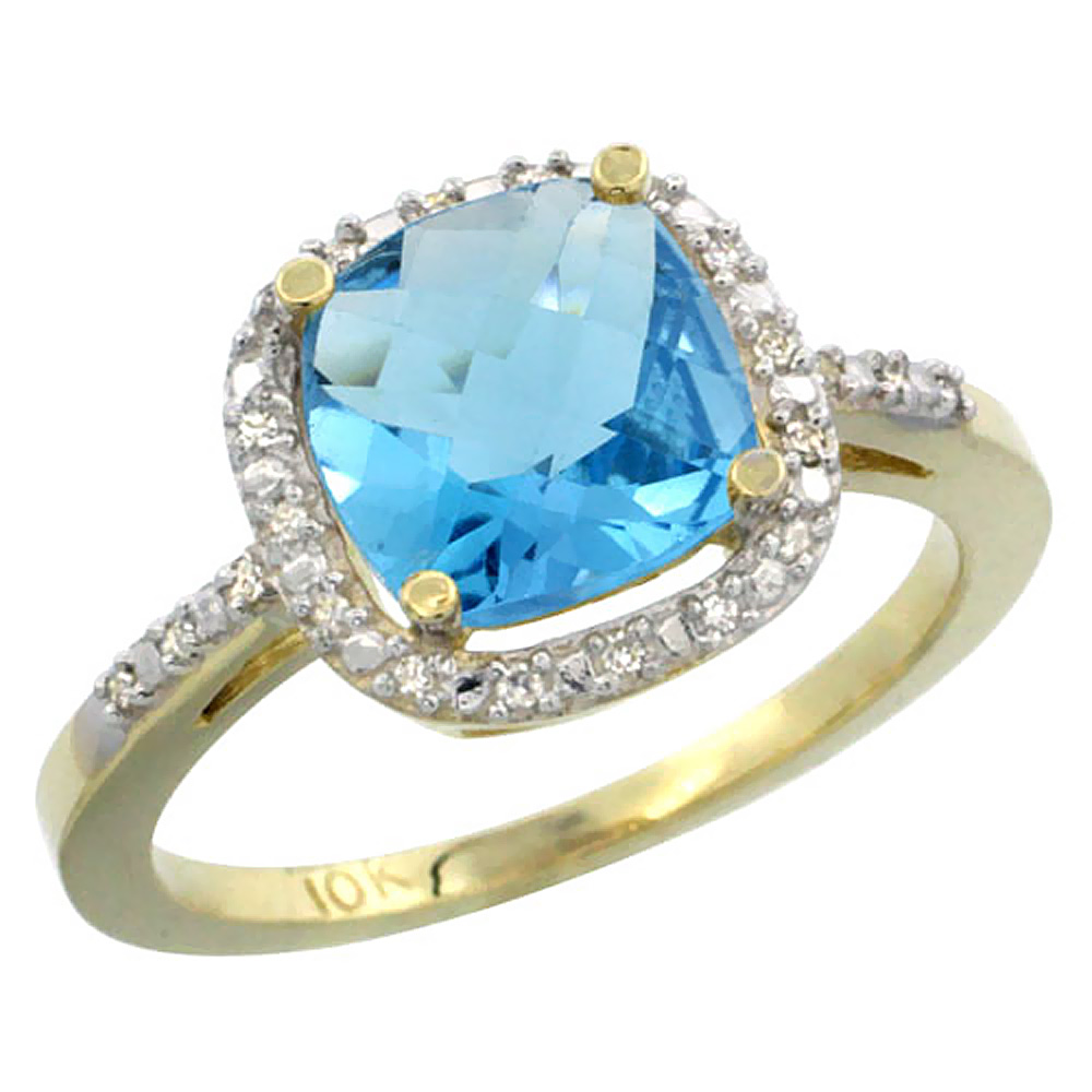 10K Yellow Gold Genuine Blue Topaz Ring Halo Cushion-cut 8x8mm Diamond Accent sizes 5-10