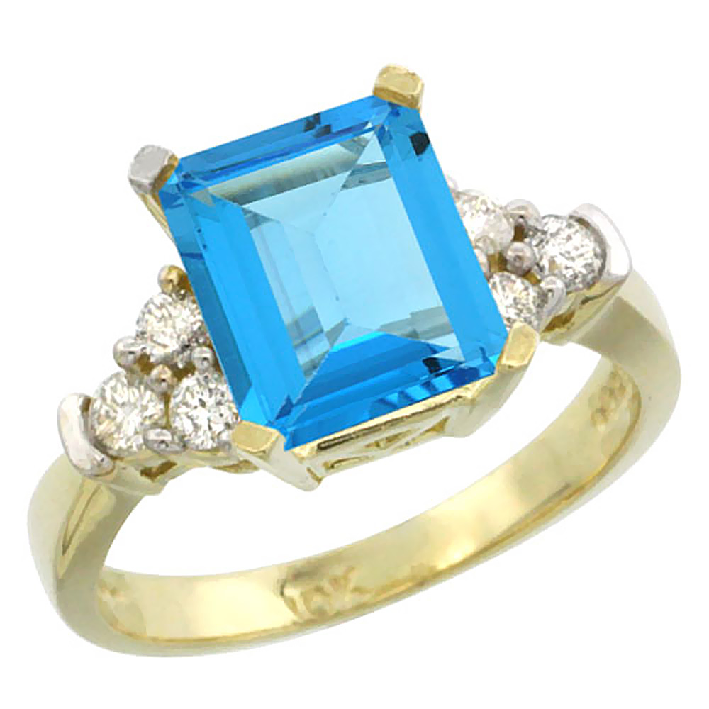 14K Yellow Gold Natural Swiss Blue Topaz Ring Octagon 9x7mm Diamond Accent, sizes 5-10