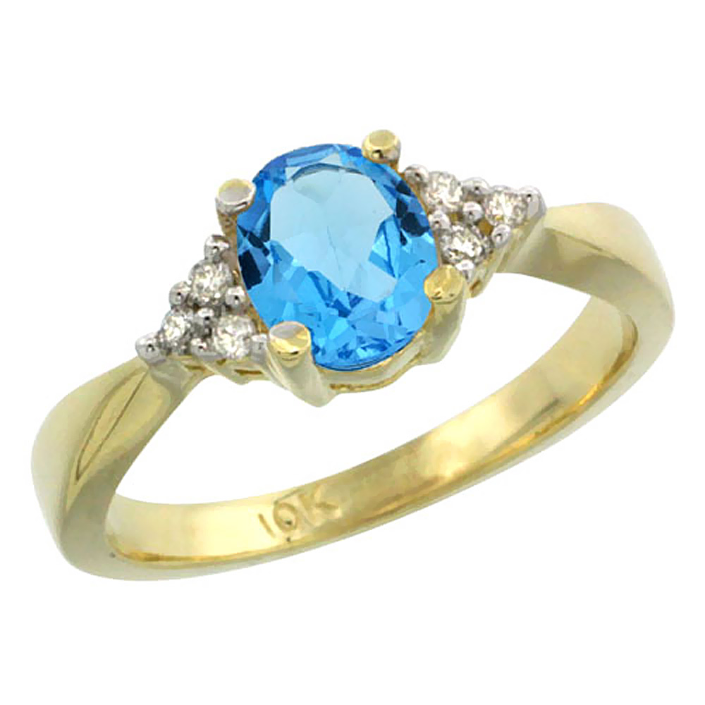 10K Yellow Gold Diamond Genuine Blue Topaz Engagement Ring Oval 7x5mm sizes 5-10