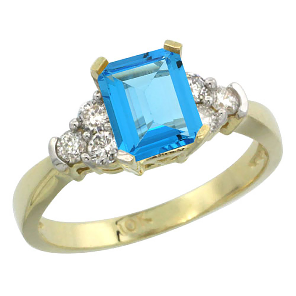 14K Yellow Gold Natural Swiss Blue Topaz Ring Octagon 7x5mm Diamond Accent, sizes 5-10