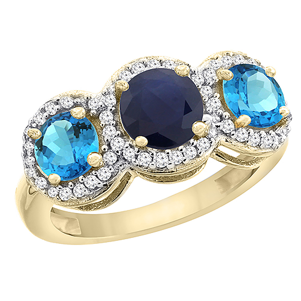 10K Yellow Gold Natural High Quality Blue Sapphire &amp; Swiss Blue Topaz Sides Round 3-stone Ring Diamond Accents, sizes 5 - 10