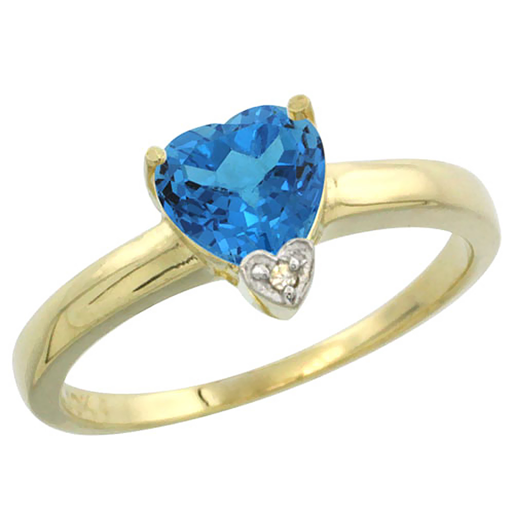10K Yellow Gold Genuine Blue Topaz Ring Heart 7x7mm Diamond Accent sizes 5-10