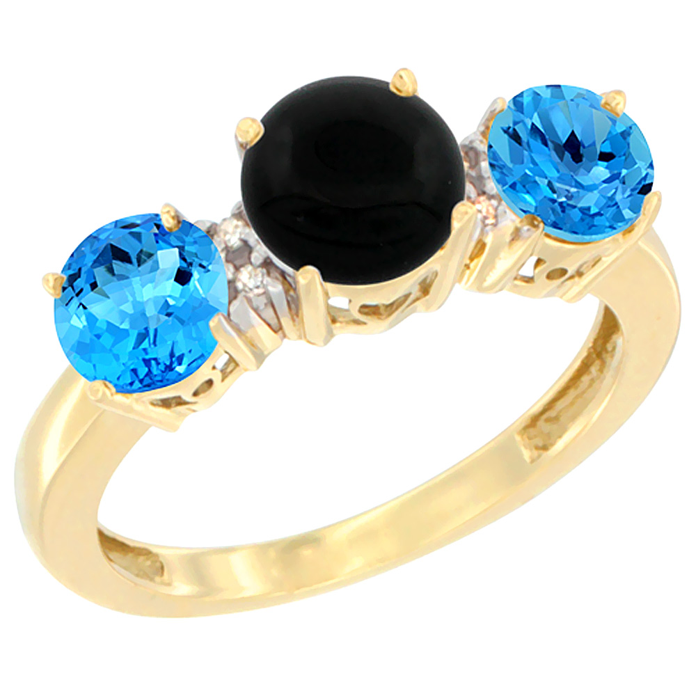 14K Yellow Gold Round 3-Stone Natural Black Onyx Ring &amp; Swiss Blue Topaz Sides Diamond Accent, sizes 5 - 10