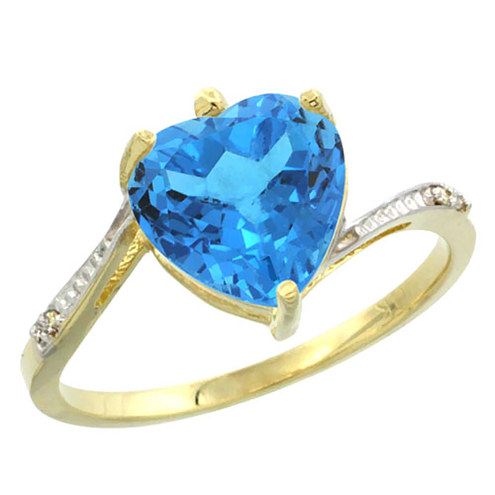 14K Yellow Gold Natural Swiss Blue Topaz Ring Heart 9x9mm Diamond Accent, sizes 5-10