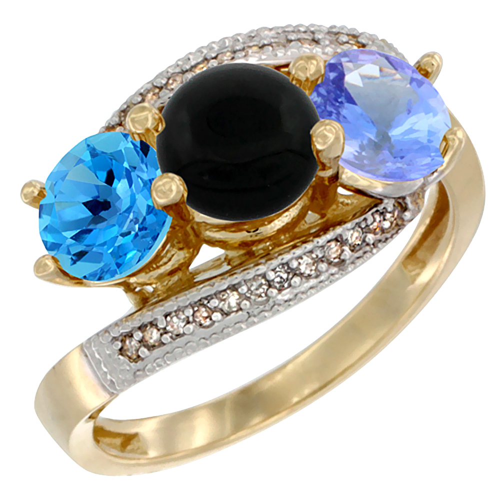 10K Yellow Gold Natural Swiss Blue Topaz, Black Onyx & Tanzanite 3 stone Ring Round 6mm Diamond Accent, sizes 5 - 10
