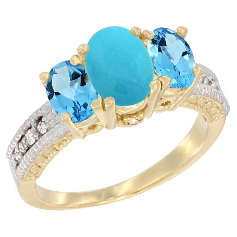 14K Yellow Gold Diamond Natural Turquoise Ring Oval 3-stone with Swiss Blue Topaz, sizes 5 - 10