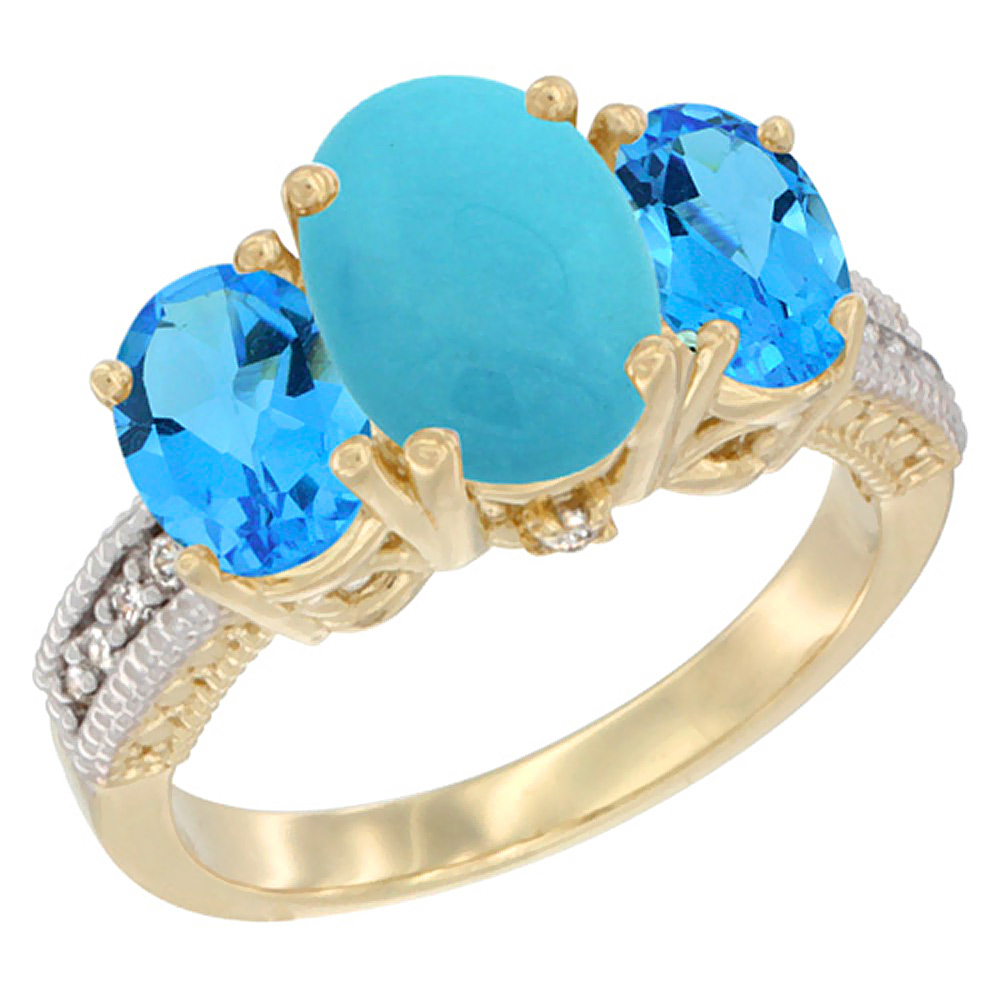 14K Yellow Gold Diamond Natural Turquoise Ring 3-Stone Oval 8x6mm with Swiss Blue Topaz, sizes5-10