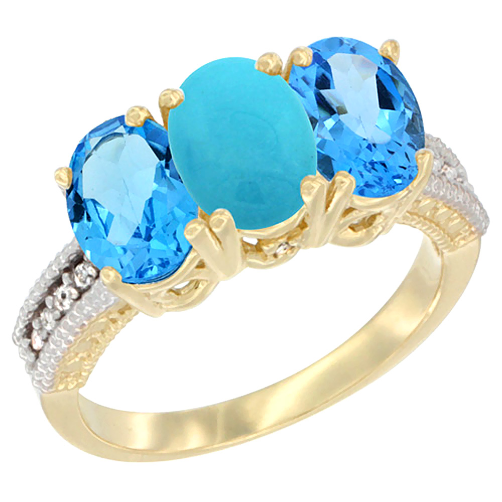 10K Yellow Gold Diamond Natural Turquoise & Swiss Blue Topaz Sides Ring 3-Stone Oval 7x5 mm, sizes 5 - 10