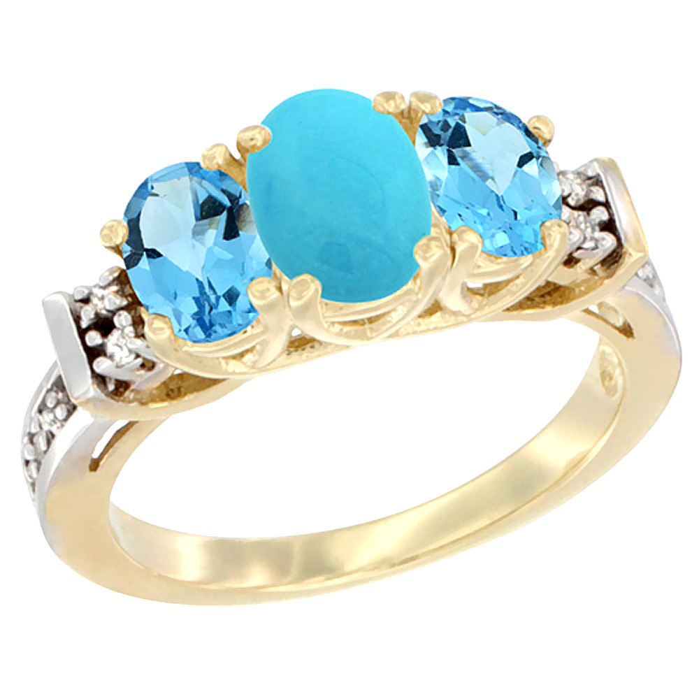 14K Yellow Gold Natural Turquoise &amp; Swiss Blue Topaz Ring 3-Stone Oval Diamond Accent