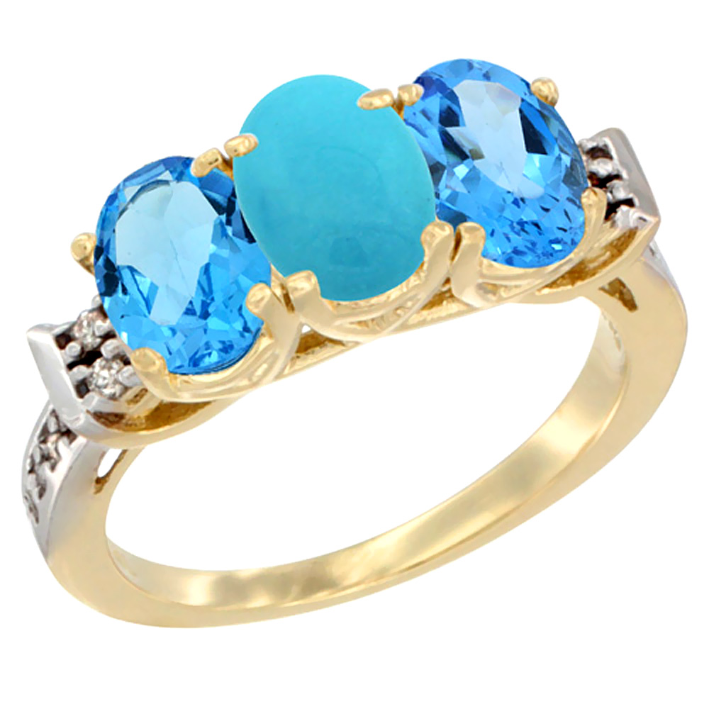 10K Yellow Gold Natural Turquoise & Swiss Blue Topaz Sides Ring 3-Stone Oval 7x5 mm Diamond Accent, sizes 5 - 10
