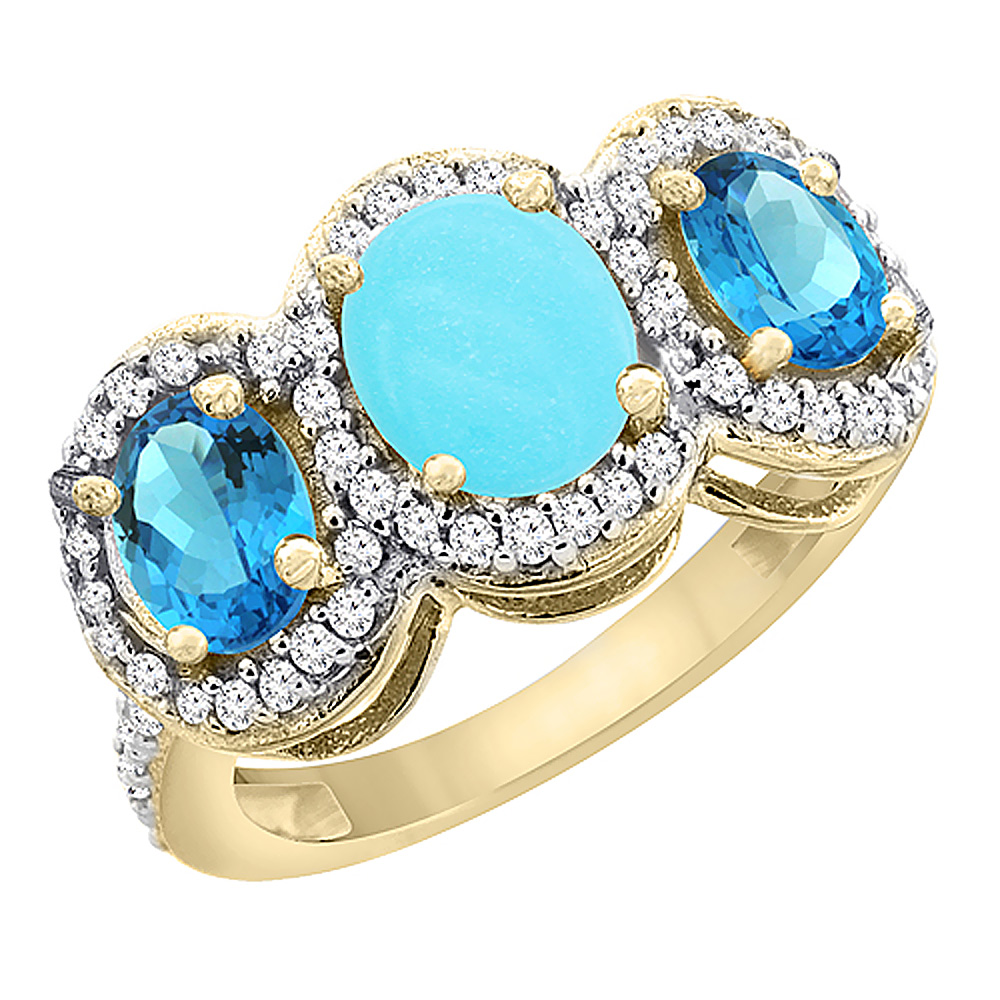 10K Yellow Gold Natural Turquoise & Swiss Blue Topaz 3-Stone Ring Oval Diamond Accent, sizes 5 - 10