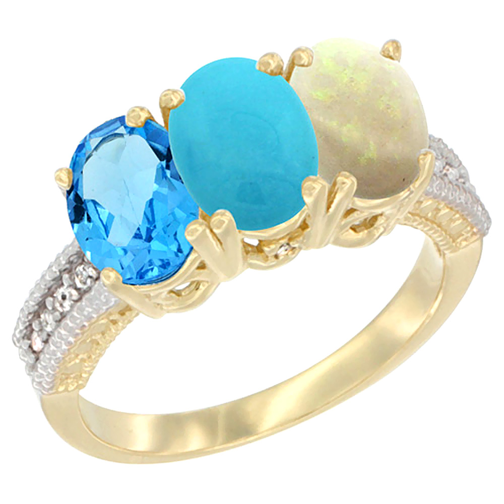 14K Yellow Gold Natural Swiss Blue Topaz, Turquoise &amp; Opal Ring 3-Stone 7x5 mm Oval Diamond Accent, sizes 5 - 10