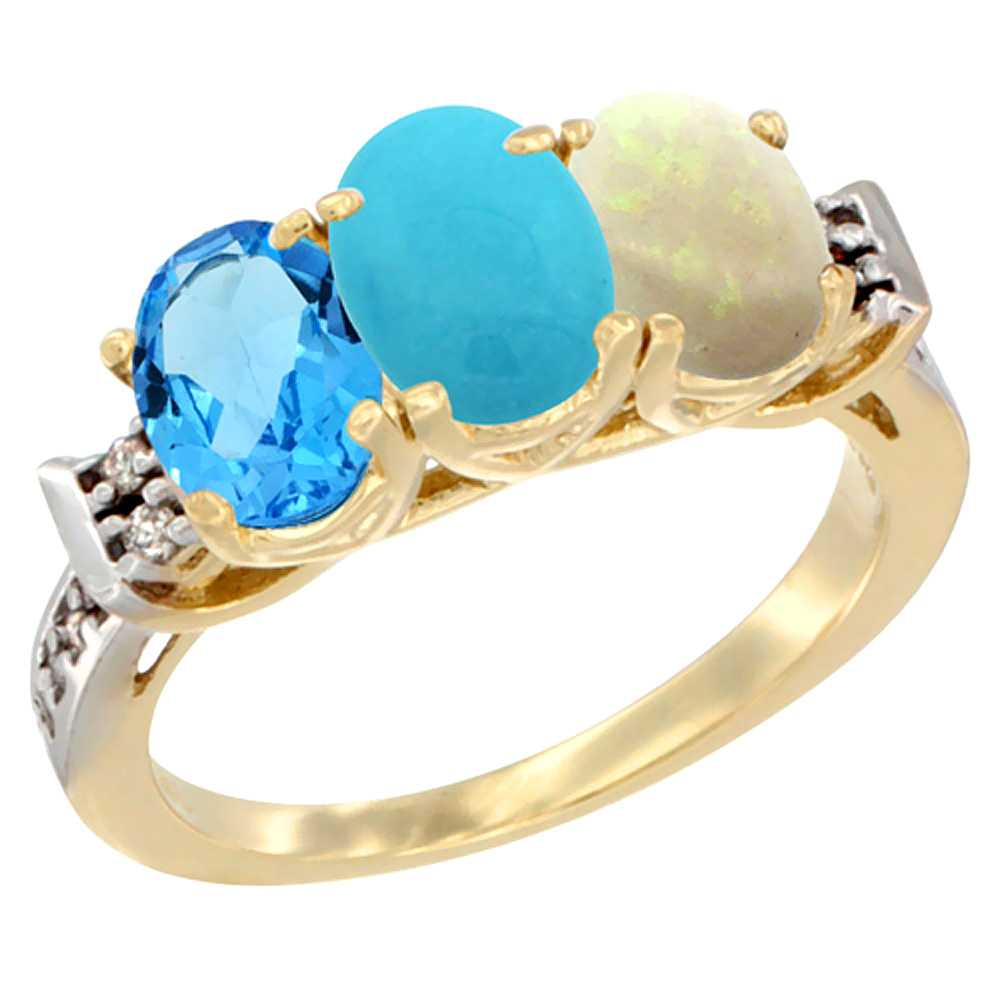 10K Yellow Gold Natural Swiss Blue Topaz, Turquoise & Opal Ring 3-Stone Oval 7x5 mm Diamond Accent, sizes 5 - 10
