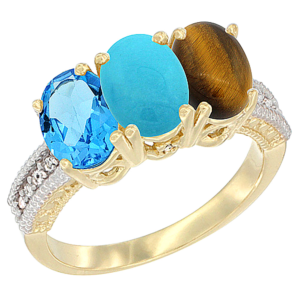 14K Yellow Gold Natural Swiss Blue Topaz, Turquoise &amp; Tiger Eye Ring 3-Stone 7x5 mm Oval Diamond Accent, sizes 5 - 10