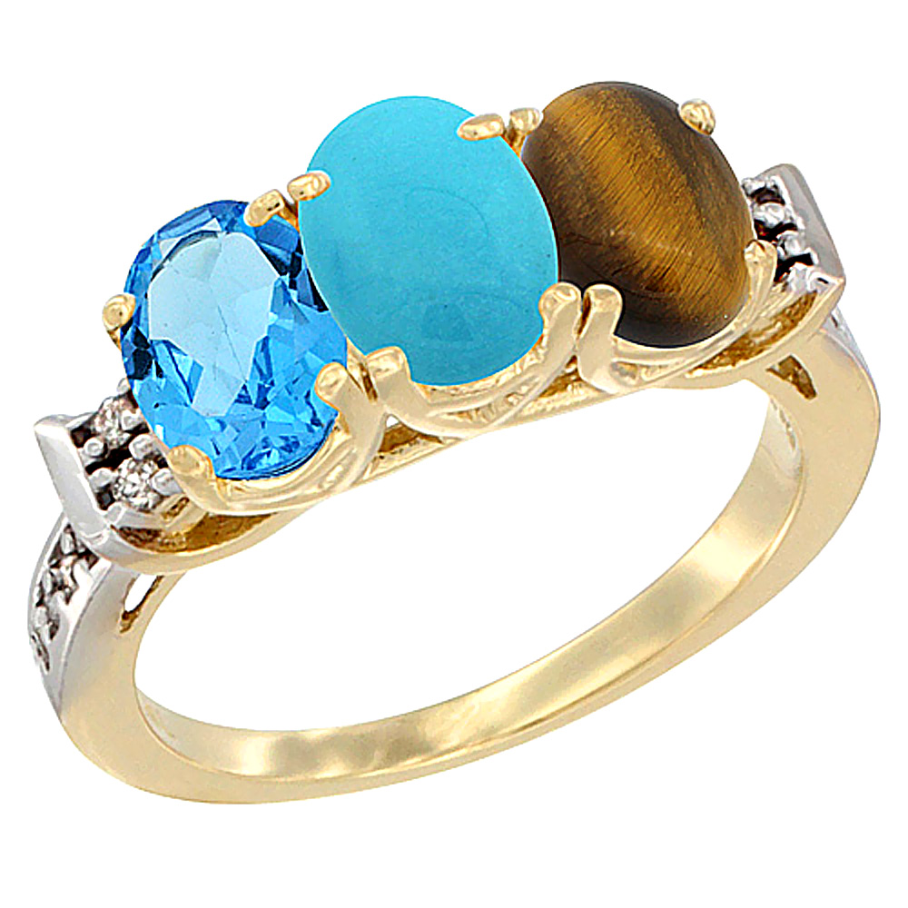 10K Yellow Gold Natural Swiss Blue Topaz, Turquoise &amp; Tiger Eye Ring 3-Stone Oval 7x5 mm Diamond Accent, sizes 5 - 10