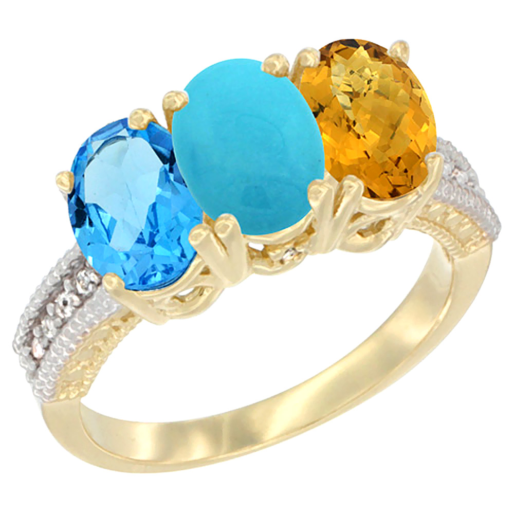 14K Yellow Gold Natural Swiss Blue Topaz, Turquoise &amp; Whisky Quartz Ring 3-Stone 7x5 mm Oval Diamond Accent, sizes 5 - 10