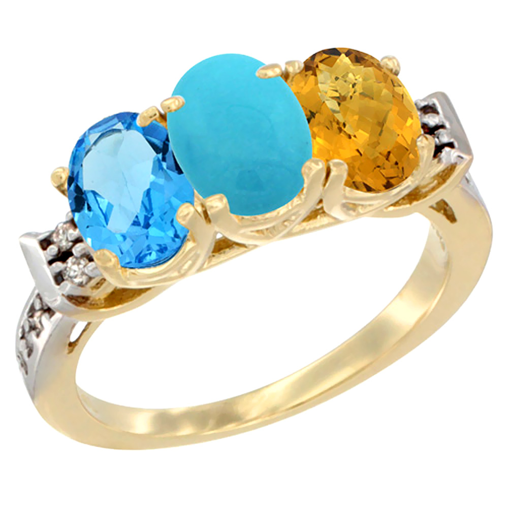 10K Yellow Gold Natural Swiss Blue Topaz, Turquoise &amp; Whisky Quartz Ring 3-Stone Oval 7x5 mm Diamond Accent, sizes 5 - 10