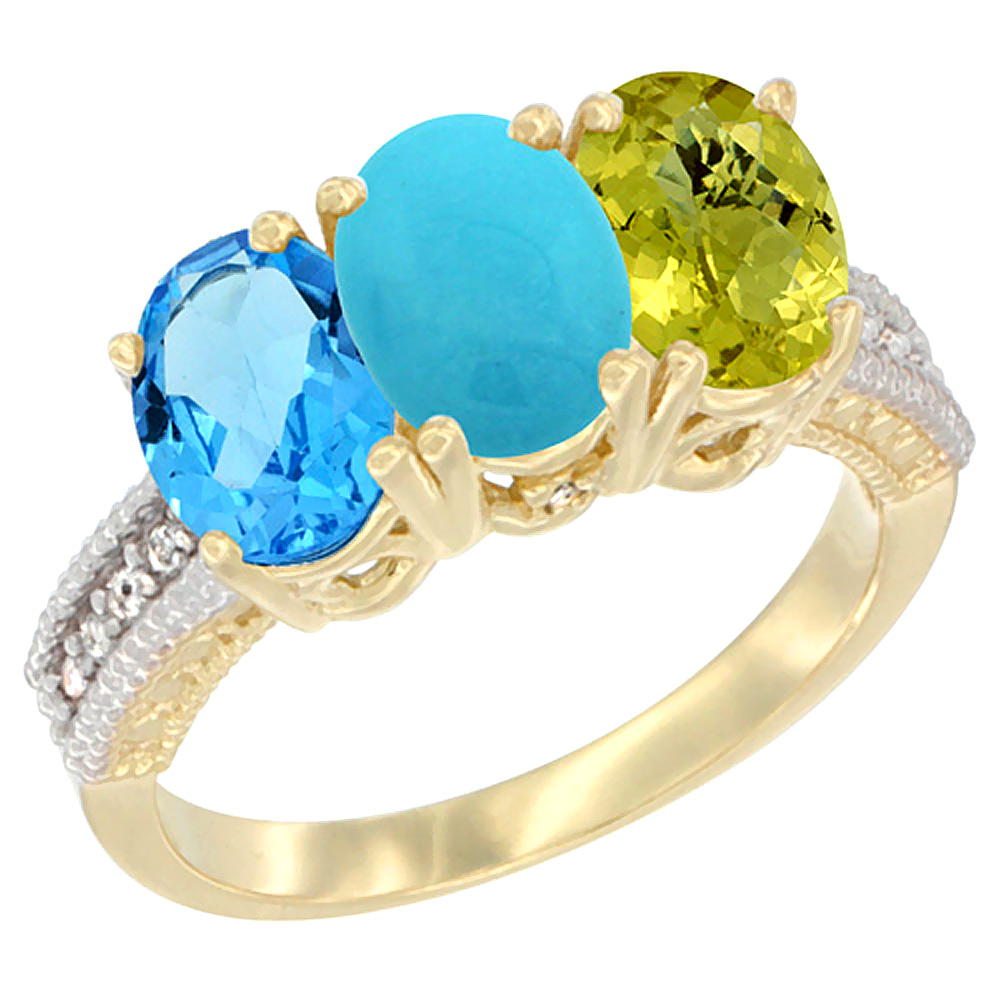 10K Yellow Gold Diamond Natural Swiss Blue Topaz, Turquoise &amp; Lemon Quartz Ring 3-Stone Oval 7x5 mm, sizes 5 - 10