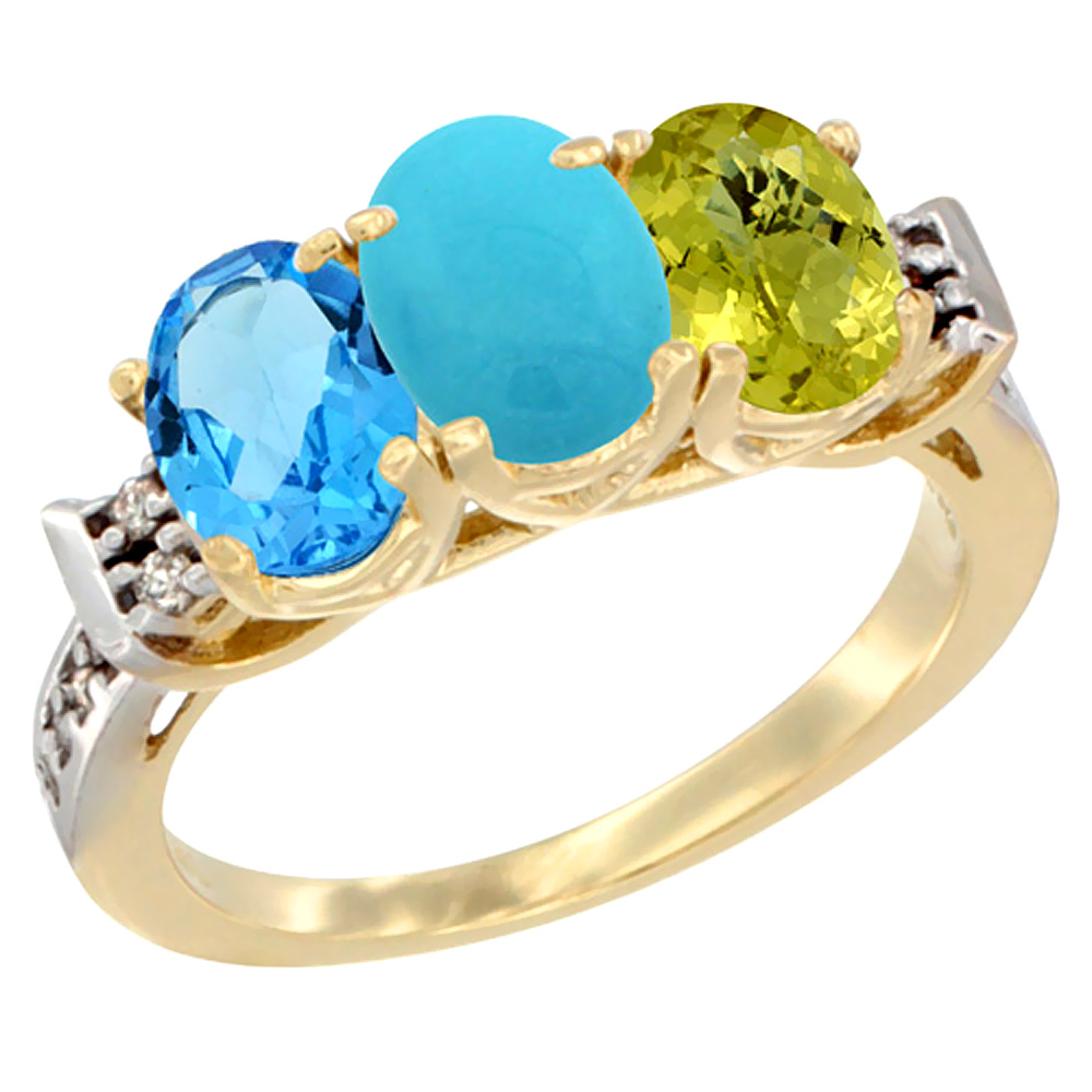 14K Yellow Gold Natural Swiss Blue Topaz, Turquoise &amp; Lemon Quartz Ring 3-Stone 7x5 mm Oval Diamond Accent, sizes 5 - 10