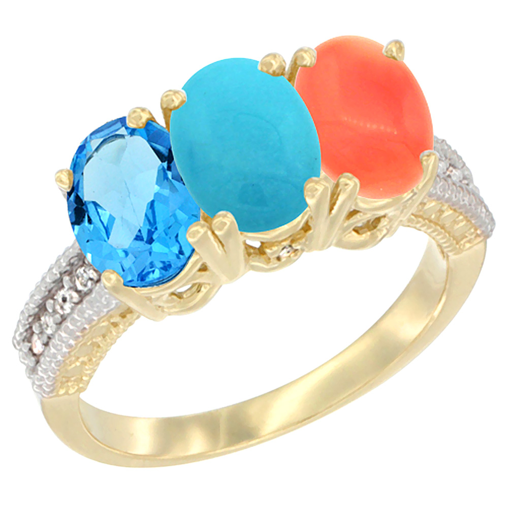 10K Yellow Gold Diamond Natural Swiss Blue Topaz, Turquoise &amp; Coral Ring 3-Stone Oval 7x5 mm, sizes 5 - 10