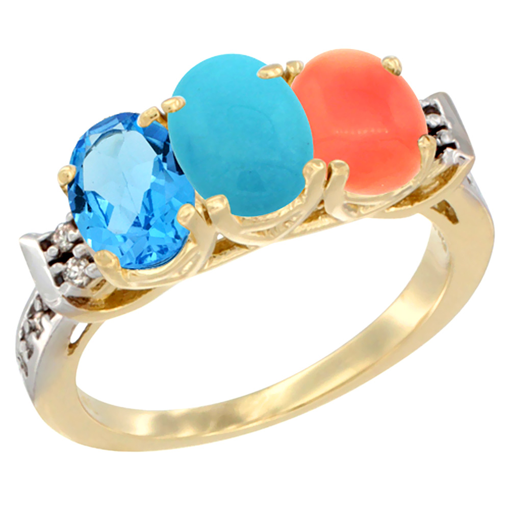 14K Yellow Gold Natural Swiss Blue Topaz, Turquoise & Coral Ring 3-Stone 7x5 mm Oval Diamond Accent, sizes 5 - 10