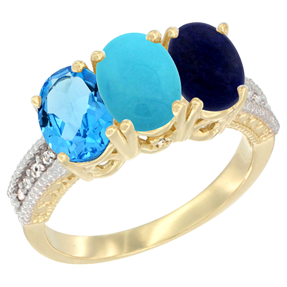 14K Yellow Gold Natural Swiss Blue Topaz, Turquoise &amp; Lapis Ring 3-Stone 7x5 mm Oval Diamond Accent, sizes 5 - 10