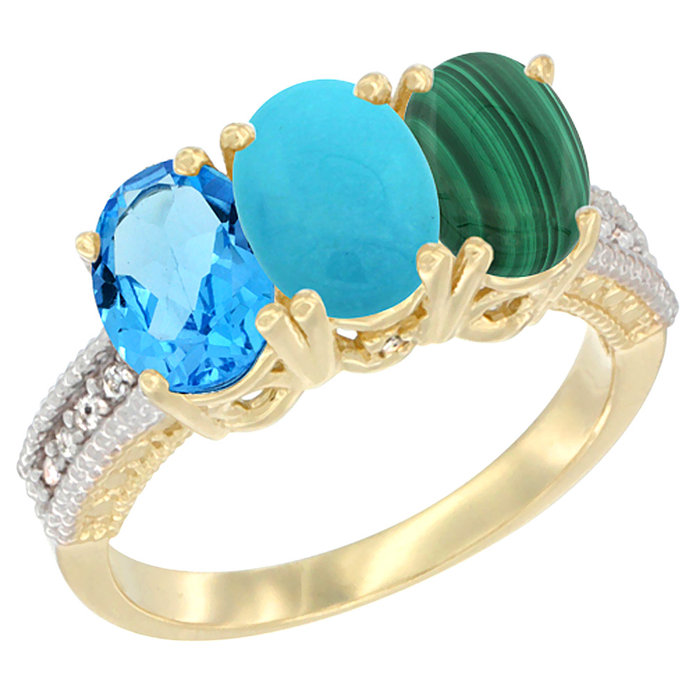 14K Yellow Gold Natural Swiss Blue Topaz, Turquoise &amp; Malachite Ring 3-Stone 7x5 mm Oval Diamond Accent, sizes 5 - 10