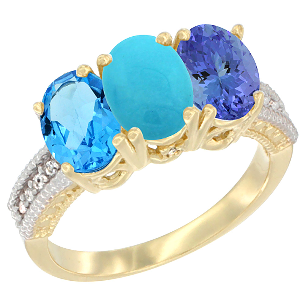 14K Yellow Gold Natural Swiss Blue Topaz, Turquoise & Tanzanite Ring 3-Stone 7x5 mm Oval Diamond Accent, sizes 5 - 10