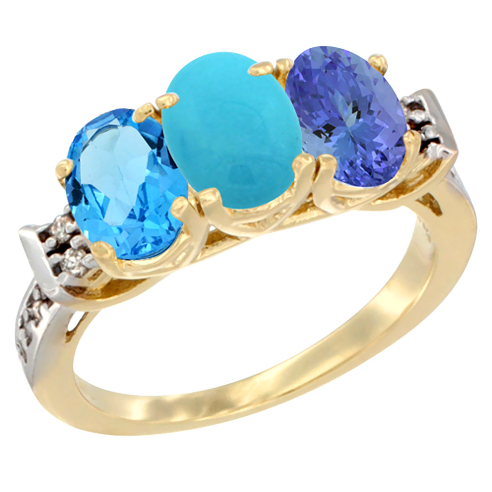 10K Yellow Gold Natural Swiss Blue Topaz, Turquoise &amp; Tanzanite Ring 3-Stone Oval 7x5 mm Diamond Accent, sizes 5 - 10