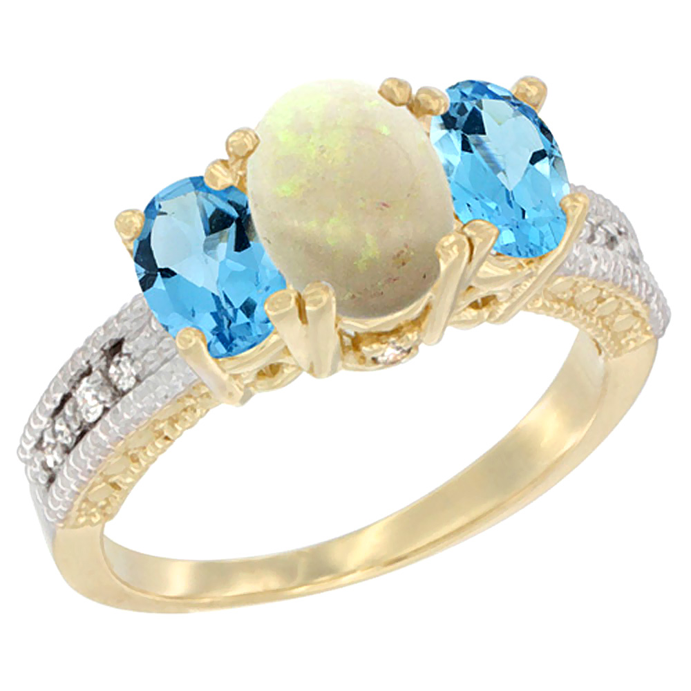 10K Yellow Gold Diamond Natural Opal Ring Oval 3-stone with Swiss Blue Topaz, sizes 5 - 10
