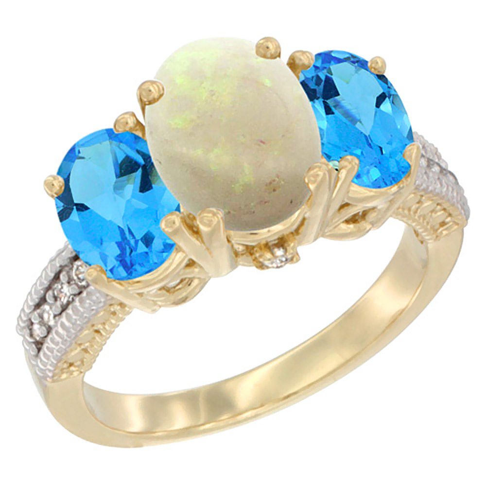 10K Yellow Gold Diamond Natural Opal Ring 3-Stone Oval 8x6mm with Swiss Blue Topaz, sizes5-10