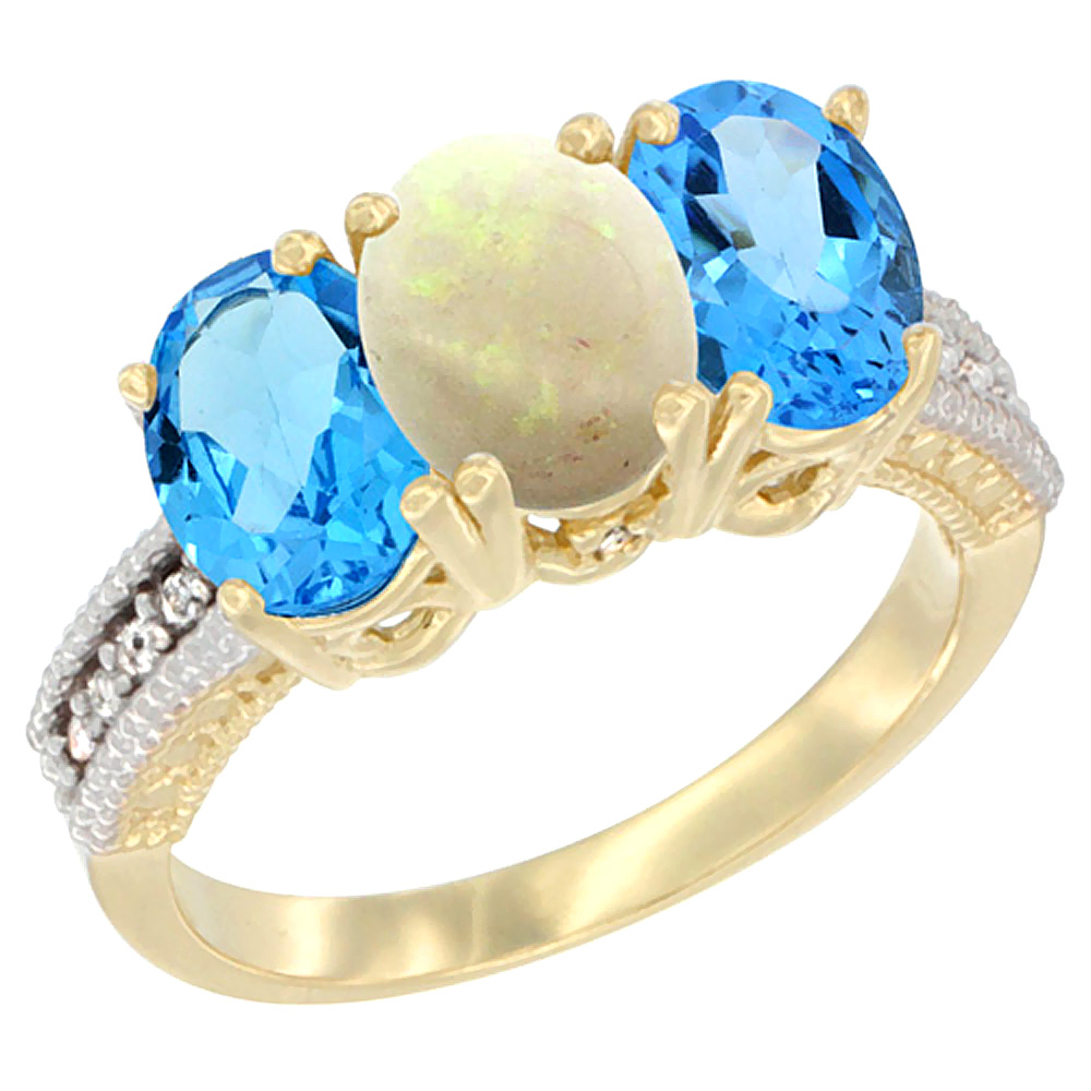 10K Yellow Gold Diamond Natural Opal & Swiss Blue Topaz Sides Ring 3-Stone Oval 7x5 mm, sizes 5 - 10