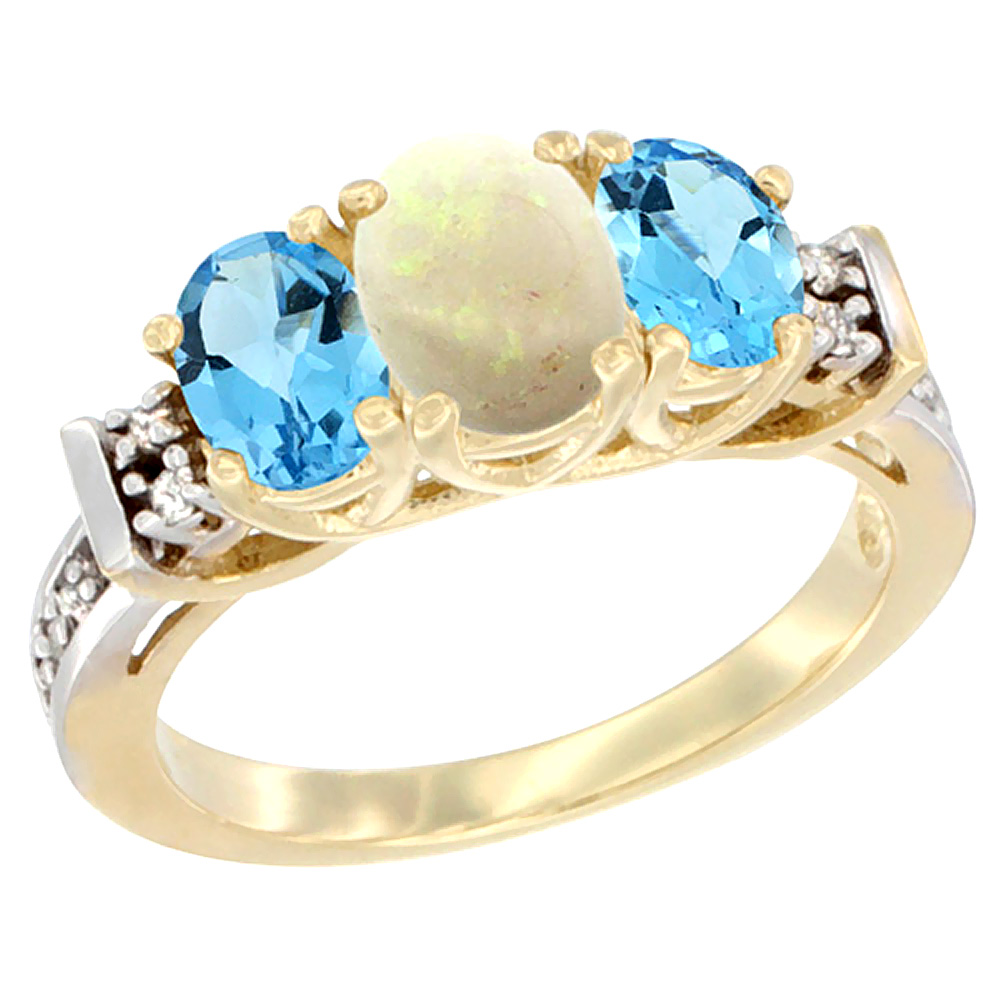 14K Yellow Gold Natural Opal &amp; Swiss Blue Topaz Ring 3-Stone Oval Diamond Accent