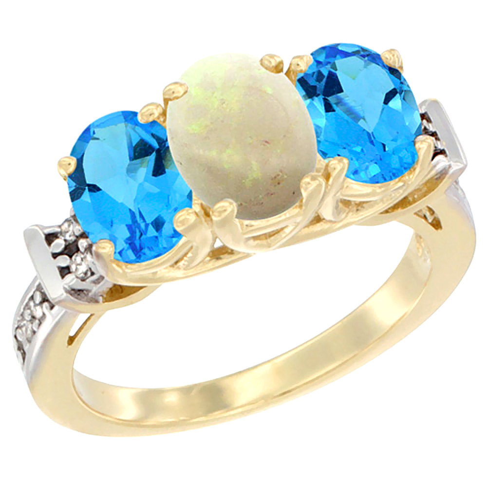 14K Yellow Gold Natural Opal & Swiss Blue Topaz Sides Ring 3-Stone Oval Diamond Accent, sizes 5 - 10