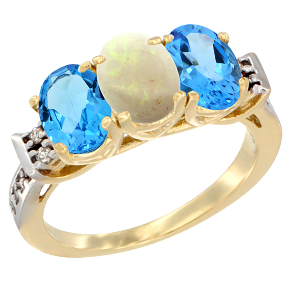 10K Yellow Gold Natural Opal &amp; Swiss Blue Topaz Sides Ring 3-Stone Oval 7x5 mm Diamond Accent, sizes 5 - 10