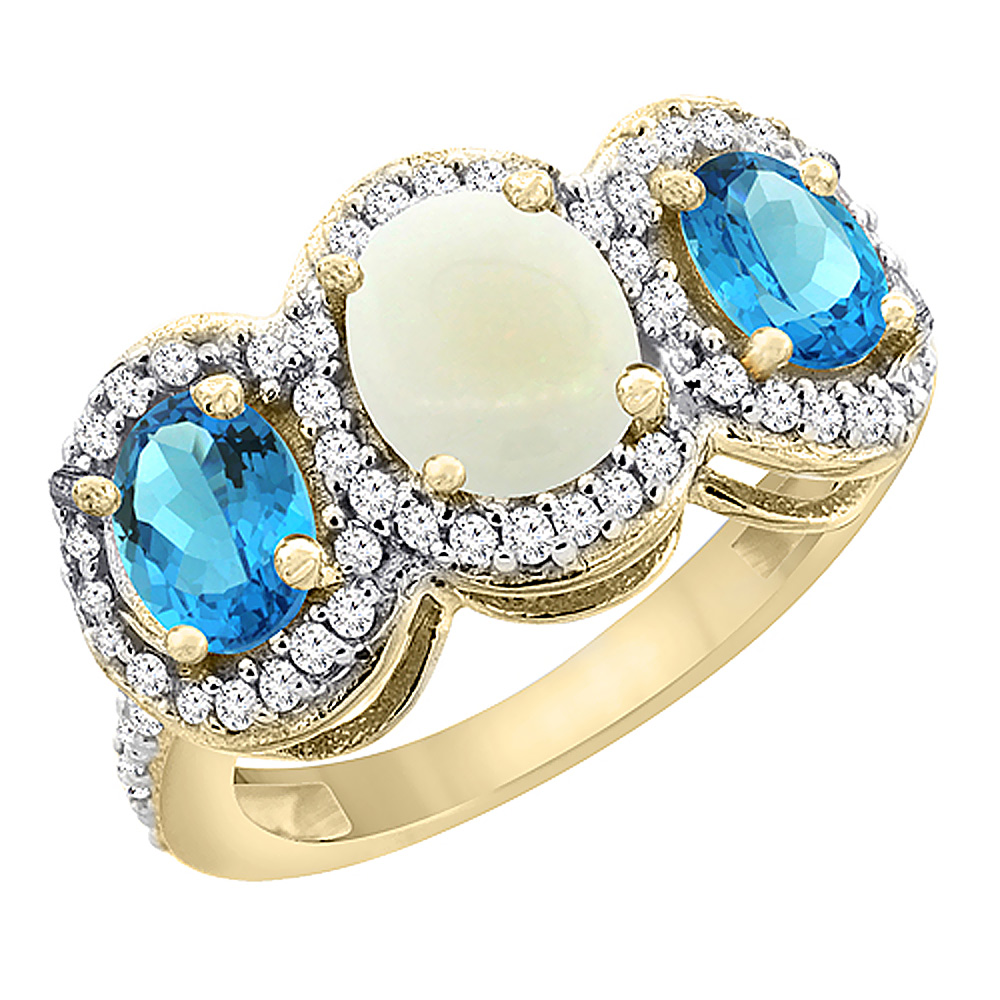 10K Yellow Gold Natural Opal &amp; Swiss Blue Topaz 3-Stone Ring Oval Diamond Accent, sizes 5 - 10