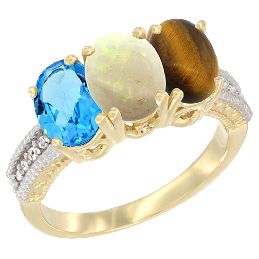 10K Yellow Gold Diamond Natural Swiss Blue Topaz, Opal &amp; Tiger Eye Ring 3-Stone Oval 7x5 mm, sizes 5 - 10