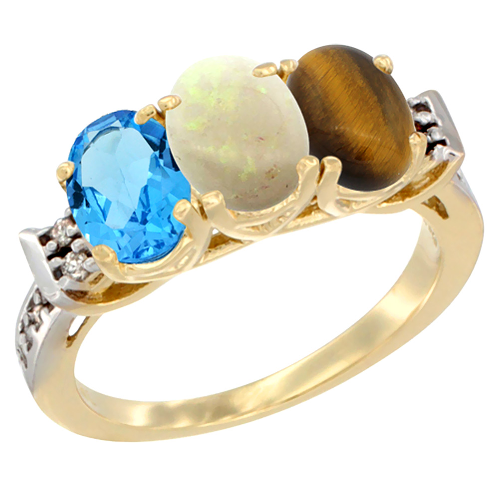 10K Yellow Gold Natural Swiss Blue Topaz, Opal &amp; Tiger Eye Ring 3-Stone Oval 7x5 mm Diamond Accent, sizes 5 - 10