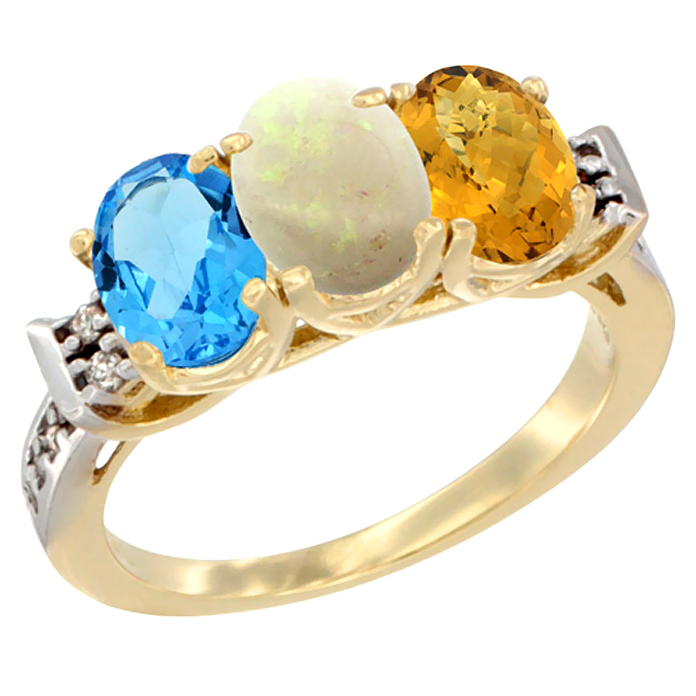10K Yellow Gold Natural Swiss Blue Topaz, Opal &amp; Whisky Quartz Ring 3-Stone Oval 7x5 mm Diamond Accent, sizes 5 - 10