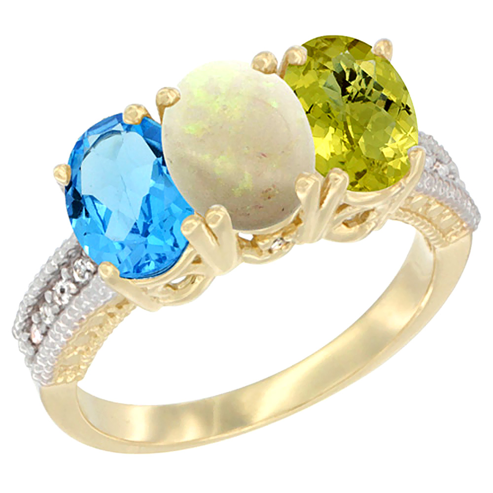 10K Yellow Gold Diamond Natural Swiss Blue Topaz, Opal &amp; Lemon Quartz Ring 3-Stone Oval 7x5 mm, sizes 5 - 10