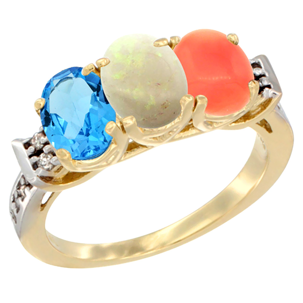 10K Yellow Gold Natural Swiss Blue Topaz, Opal &amp; Coral Ring 3-Stone Oval 7x5 mm Diamond Accent, sizes 5 - 10