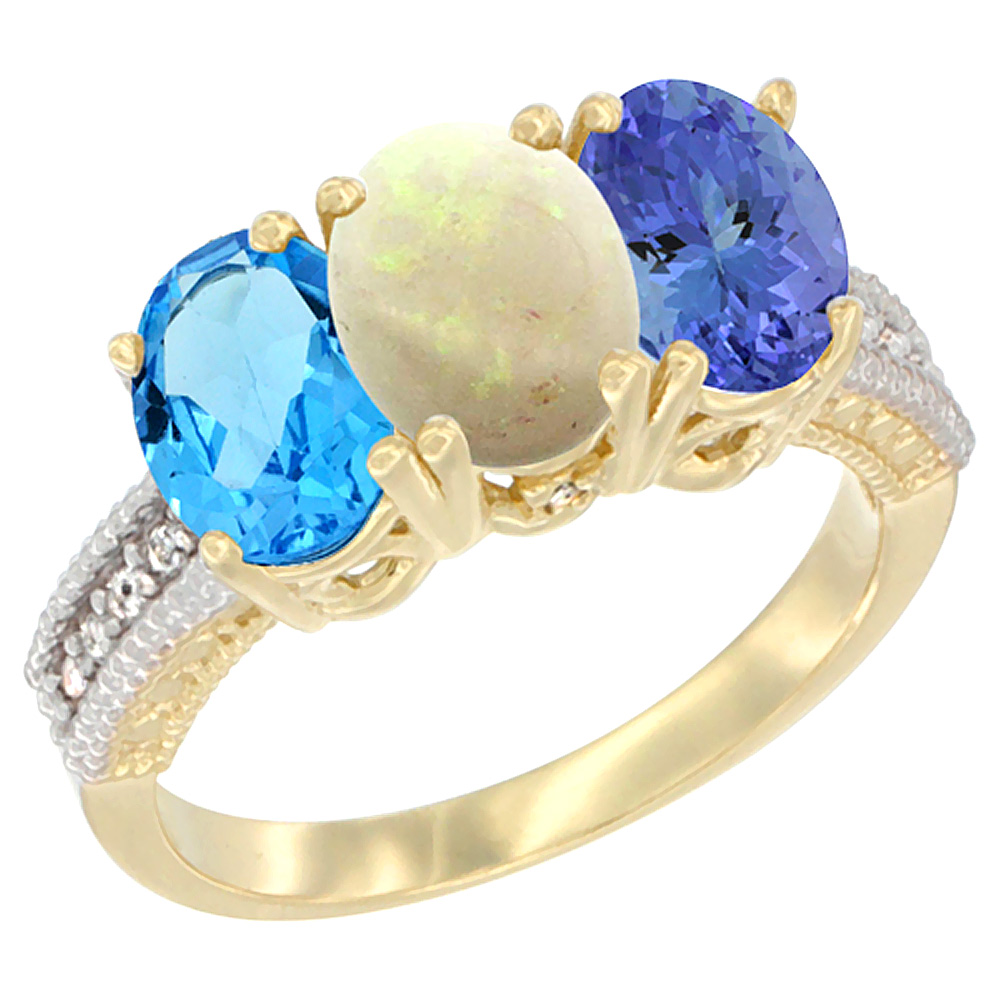 10K Yellow Gold Diamond Natural Swiss Blue Topaz, Opal &amp; Tanzanite Ring 3-Stone Oval 7x5 mm, sizes 5 - 10