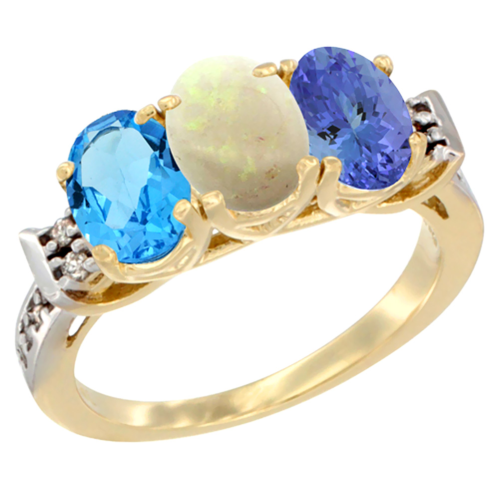 10K Yellow Gold Natural Swiss Blue Topaz, Opal &amp; Tanzanite Ring 3-Stone Oval 7x5 mm Diamond Accent, sizes 5 - 10