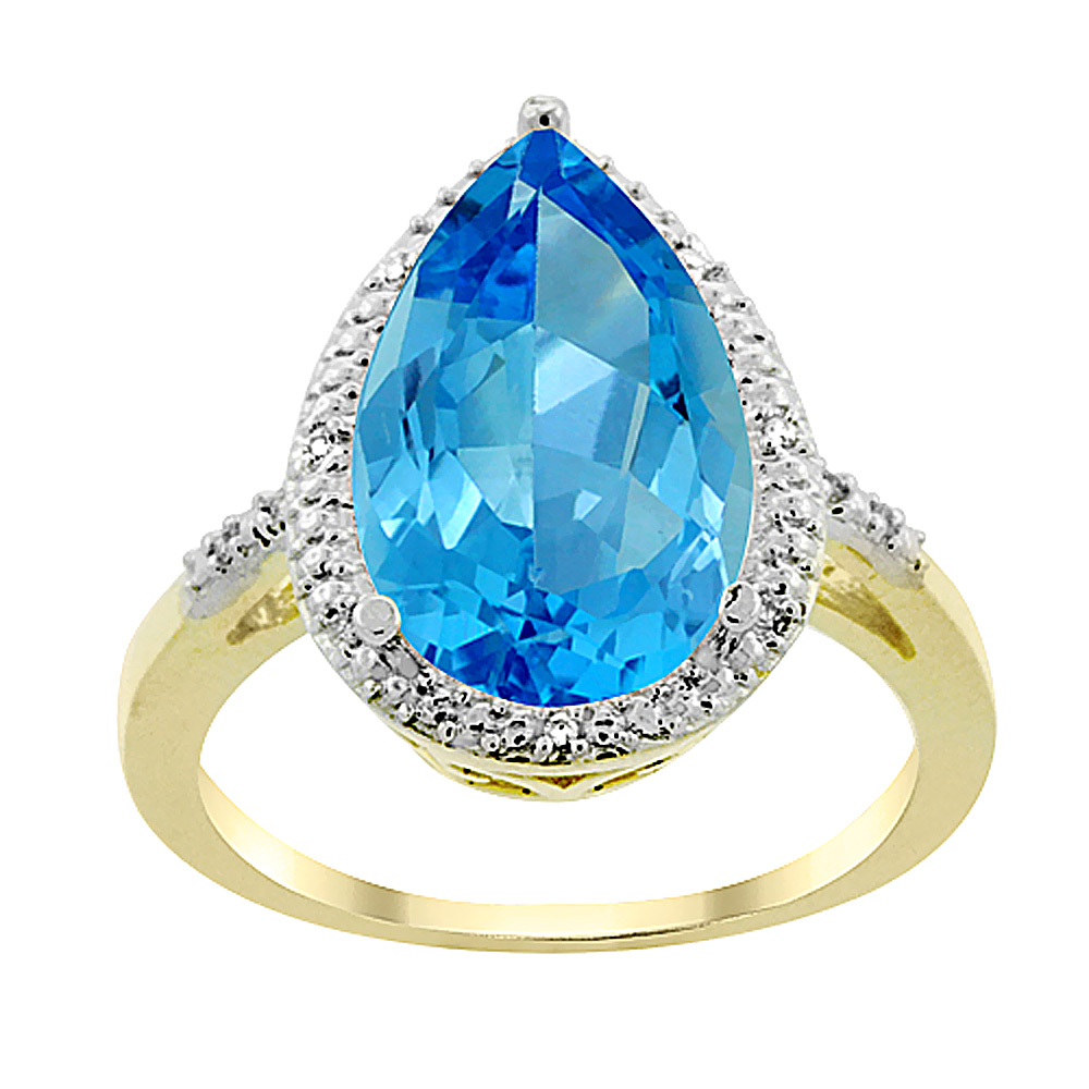 10K Yellow Gold Genuine Blue Topaz Ring Halo Pear Shape 10x15 mm Diamond Accent sizes 5 - 10