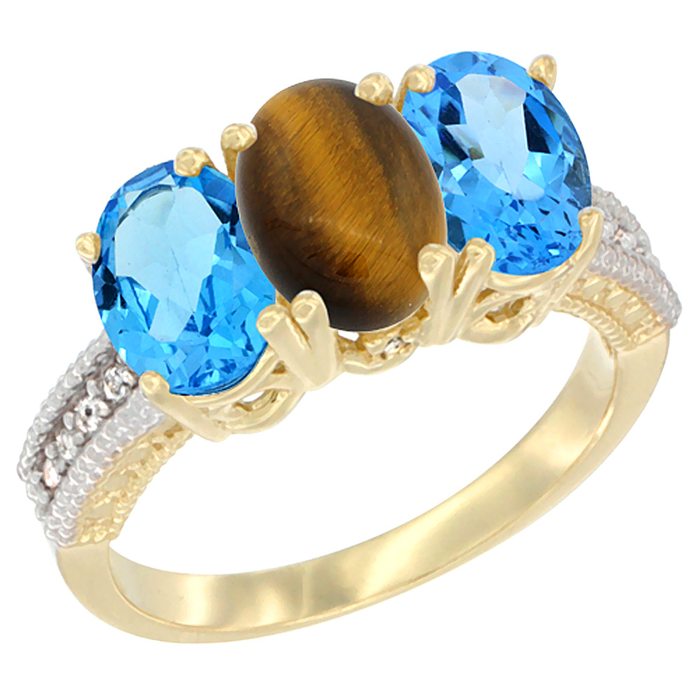 14K Yellow Gold Natural Tiger Eye & Swiss Blue Topaz Sides Ring 3-Stone 7x5 mm Oval Diamond Accent, sizes 5 - 10