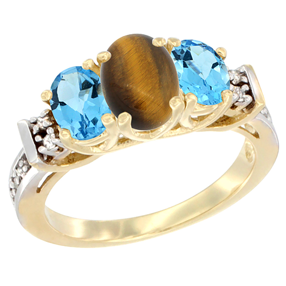 14K Yellow Gold Natural Tiger Eye &amp; Swiss Blue Topaz Ring 3-Stone Oval Diamond Accent