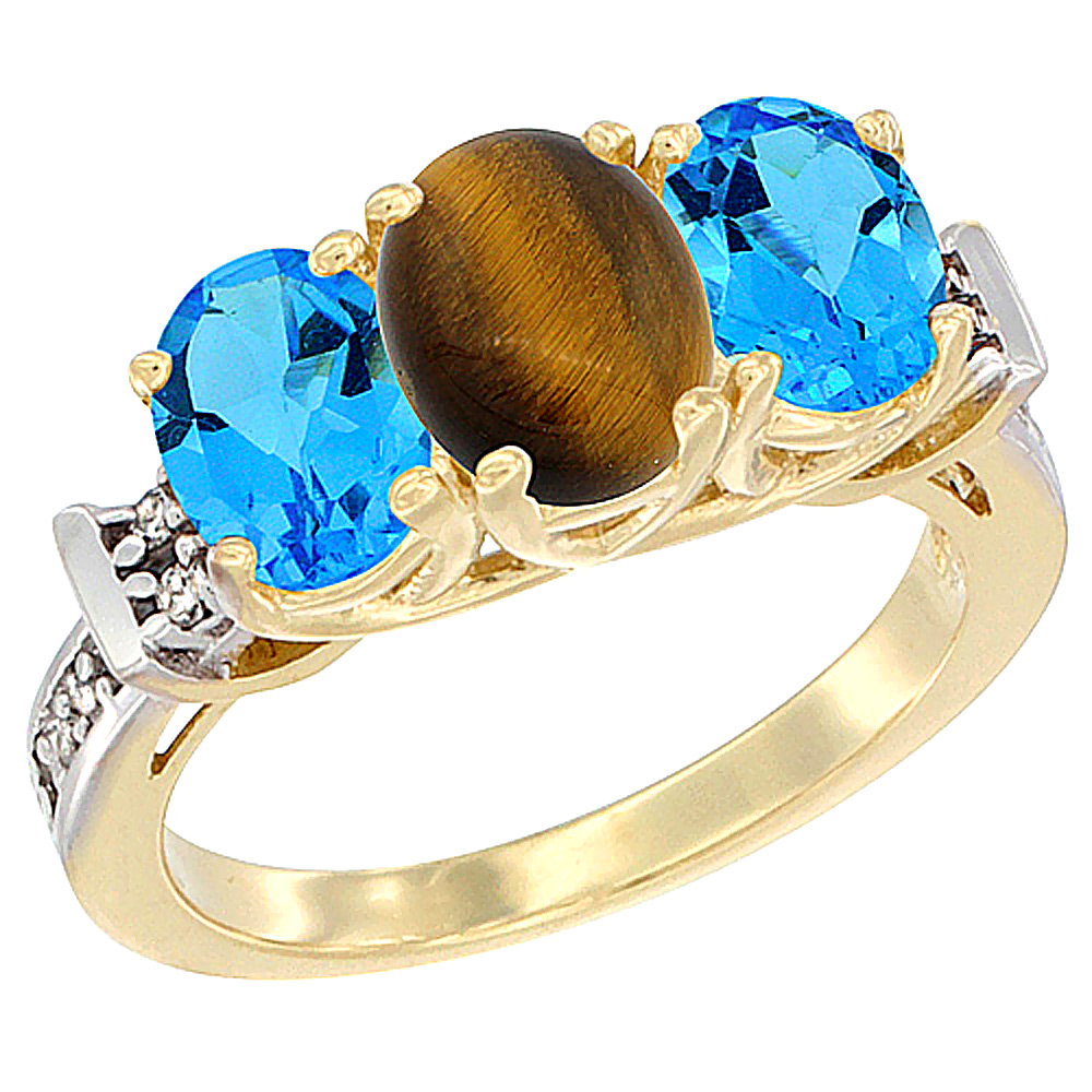 14K Yellow Gold Natural Tiger Eye &amp; Swiss Blue Topaz Sides Ring 3-Stone Oval Diamond Accent, sizes 5 - 10