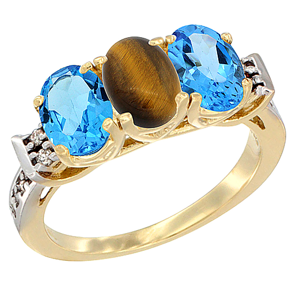 10K Yellow Gold Natural Tiger Eye & Swiss Blue Topaz Sides Ring 3-Stone Oval 7x5 mm Diamond Accent, sizes 5 - 10