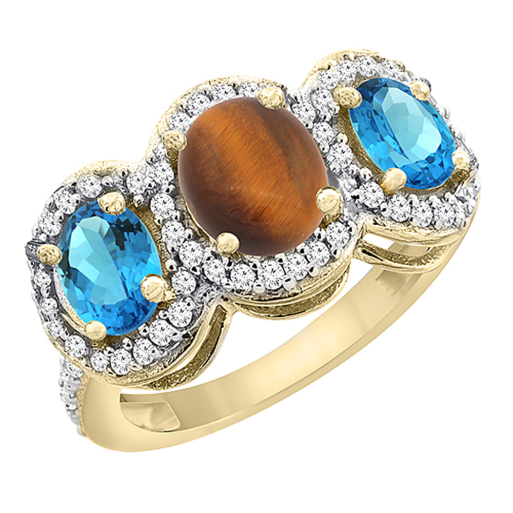 14K Yellow Gold Natural Tiger Eye &amp; Swiss Blue Topaz 3-Stone Ring Oval Diamond Accent, sizes 5 - 10
