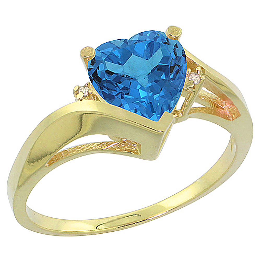 10K Yellow Gold Genuine Blue Topaz Heart Ring 7mm Diamond Accent sizes 5 - 10